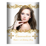 Quinceañera 15. Geburtstags-Goldweißes Spitze-Foto Individuelle Einladung