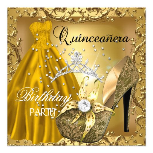 quinceanera 15. Geburtstags-Party-GoldkleiderTiara Individuelle Ankündigungskarte