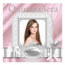 Quinceanera 15th Pink White Lace Pearl Photo einladungen