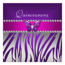 Quinceanera lila rosa Zebra-Silber-Schmetterling Ankündigungskarten