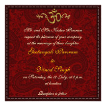 Red and gold damask brocade Indian wedding Personalized Invites
