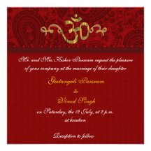 Red and gold damask brocade Indian wedding Custom Invitations