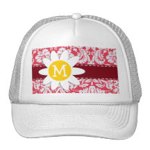 Red Damask Pattern; Daisy Trucker Hats