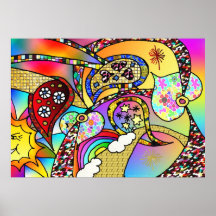 Retro 60er psychedelisches Herz-Paisley-Druck-Plak