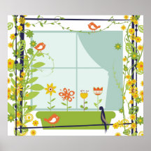 Retro Vögel und Blumen Plakat