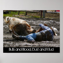 Rodeo-Cowboy-und Stier-Schlamm-Wrestling Plakatdruck