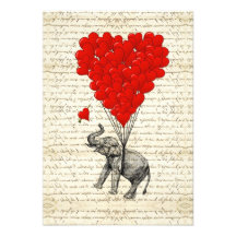 Romantische Elefant- u. Herzballone Einladungskarten