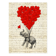 Romantische Elefant- u. Herzballone Postkarte