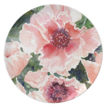 Romantische rosa Blumen im Watercolor Teller