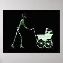 RÖNTGENSTRAHL-SKELETON FRAU U. KINDERWAGEN - GRÜN PLAKATDRUCK