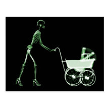 RÖNTGENSTRAHL-SKELETON FRAU U. KINDERWAGEN - GRÜN POSTKARTE