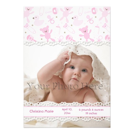 Rosa Baby-Sachen, Spitze, Foto-Mitteilung Personalisierte Ankündigung