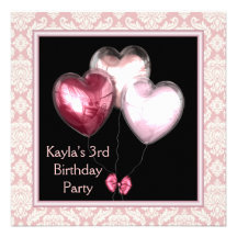 Rosa Ballon-Herz-Damast-3. Geburtstags-Party Individuelle Einladung