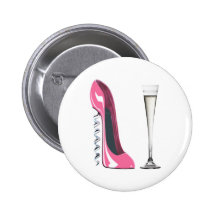 Rosa Korkenzieher-Stilett-Schuh und Sektkelch Anstecknadelbutton
