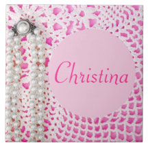 Rosa Perlen u. Spitze - PERSONALISIERT! Fliese