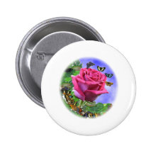 Rosa Rose und Schmetterlinge Anstecknadel