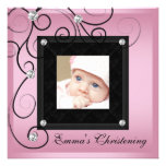 Rosa schwarze Baby-Foto-Taufeinladungen