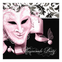 Rosa schwarzes Damast-Maskerade-Party Personalisierte Ankündigungskarten