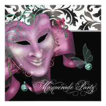 Rosa schwarzes Damast-Maskerade-Party Individuelle Einladungskarte
