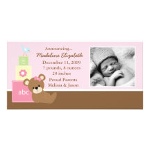 Rosa Teddybär-Foto-Geburts-Mitteilung Personalisierte Foto Karte