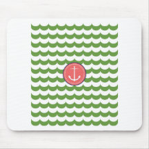Rosa und grüner Anker mit Wellen-Muster Mousepads
