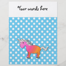 Rosa und orange Einhorn auf blauen Tupfen Flyerdesign