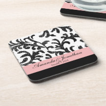 Rosa-und Schwarz-Blumendamast-Muster Cocktail Untersetzer