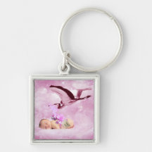 Rosa Wolken und Storch des Babys Schlüsselbänder