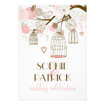 Rosa wunderliche Birdcages-Blumenhochzeits-Einladu
