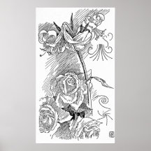 Rosen-und Lilien-Linie Zeichnen Poster