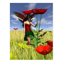 Rote Mohnblumen-Fee auf einem Sommer-Gebiet Postkarte