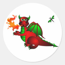 Roter Drache und Libelle Runder Aufkleber
