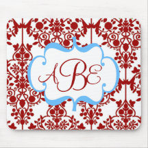 Rotes Damast-Monogramm Mousepad