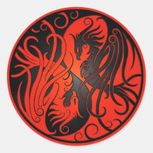Rotes und schwarzes Yin Yang Phoenix Runder Aufkleber