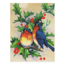 Rotkehlchen u. Stechpalmen-Weihnachten Postkarten