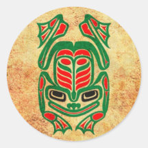 Rough Native Haida Art Frog, red green Round Sticker