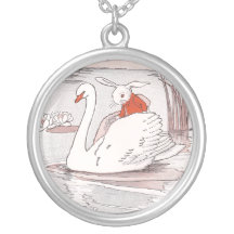 Ruhiger Schwan gibt Kaninchen einen Aufzug Amuletten
