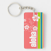 Salmon Pink & Seafoam Green Striped: Aloha Rectangle Acrylic Key Chains