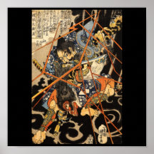 Samurais, die großes Monster, circa 1800's kämpfen Posterdrucke