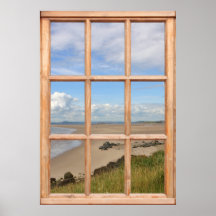 Sand-Strand, Meer und Himmel-Ansicht von einem Fen Posterdrucke