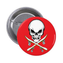 Schädel und gekreuzter Skateboard-roter Knopf Button