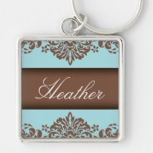 Schokolade u. blauer Damast Keychain Schlüsselband