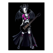 Schönheits-Gitarren-Rocker-Fee "Leslie" schwarze Postkarte