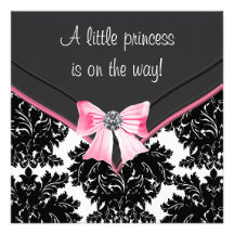 Schwarze Damast-Rosa-Bogen-Prinzessin Babyparty Personalisierte Einladung