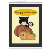 Schwarze Katze Halloweens mit Kürbisen Karte