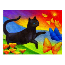 Schwarze Katzen-Malerei-Schmetterlings-Kunst - mul Postkarte