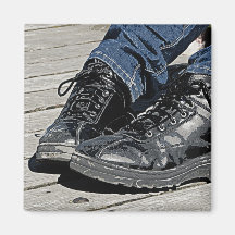 Schwarze Lederstiefel und blaues Jean-Denim Magnete