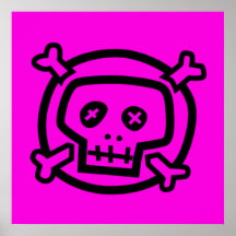 Schwarzes auf rosa Totenkopf mit gekreuzter Knoche Plakatdrucke