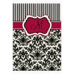 Schwarzes, Elfenbein, Rot Stripes Damast-Monogramm Einladung