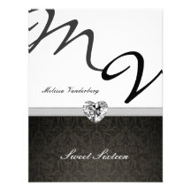 Schwarzes u. weißes Damast-Monogramm 16. Geburtsta Personalisierte Ankündigung